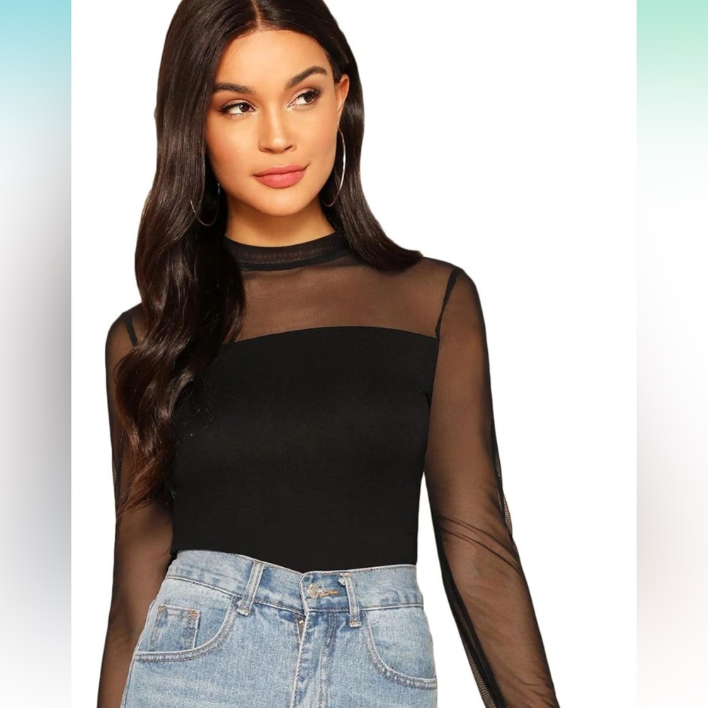 Women's Mock Neck Long Sleeve Mesh Insert Elegant top